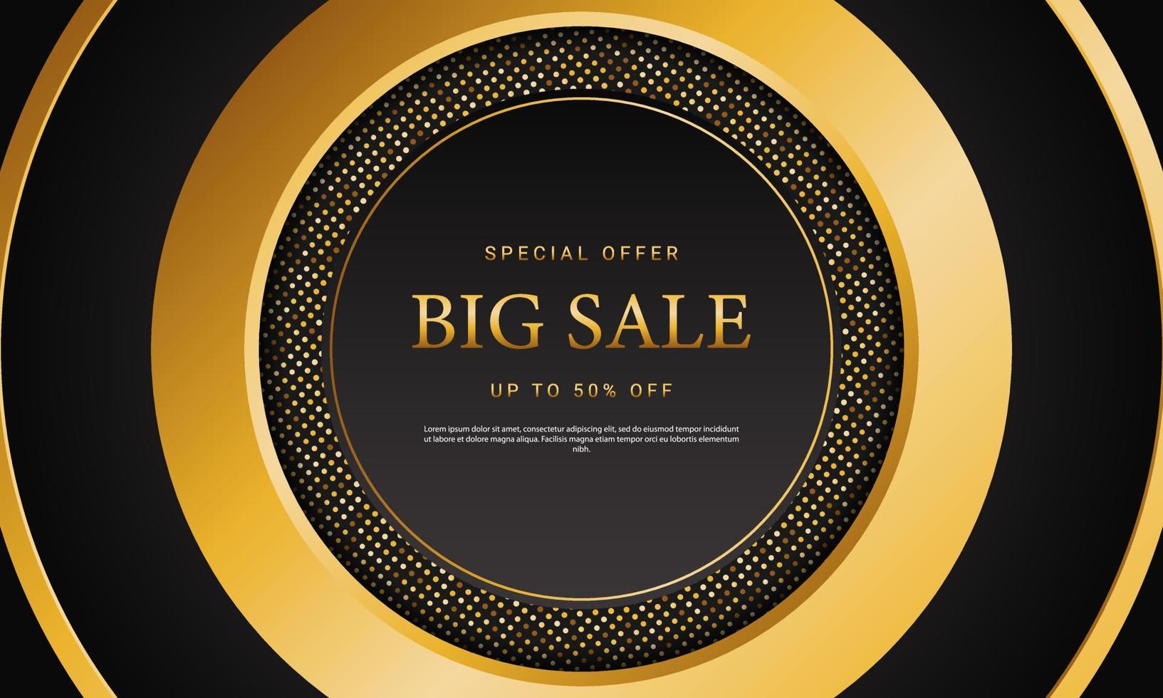 Luxury banner background  with black and gold circles and halftone pattern. vector