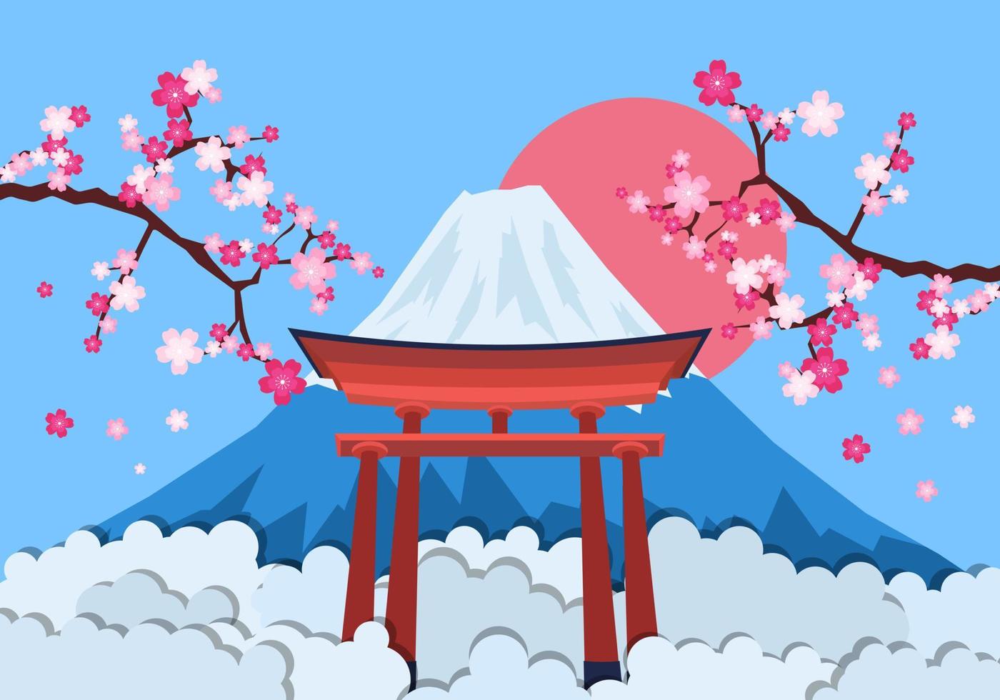 Japanese landscape background with torii. Vector Illustration.