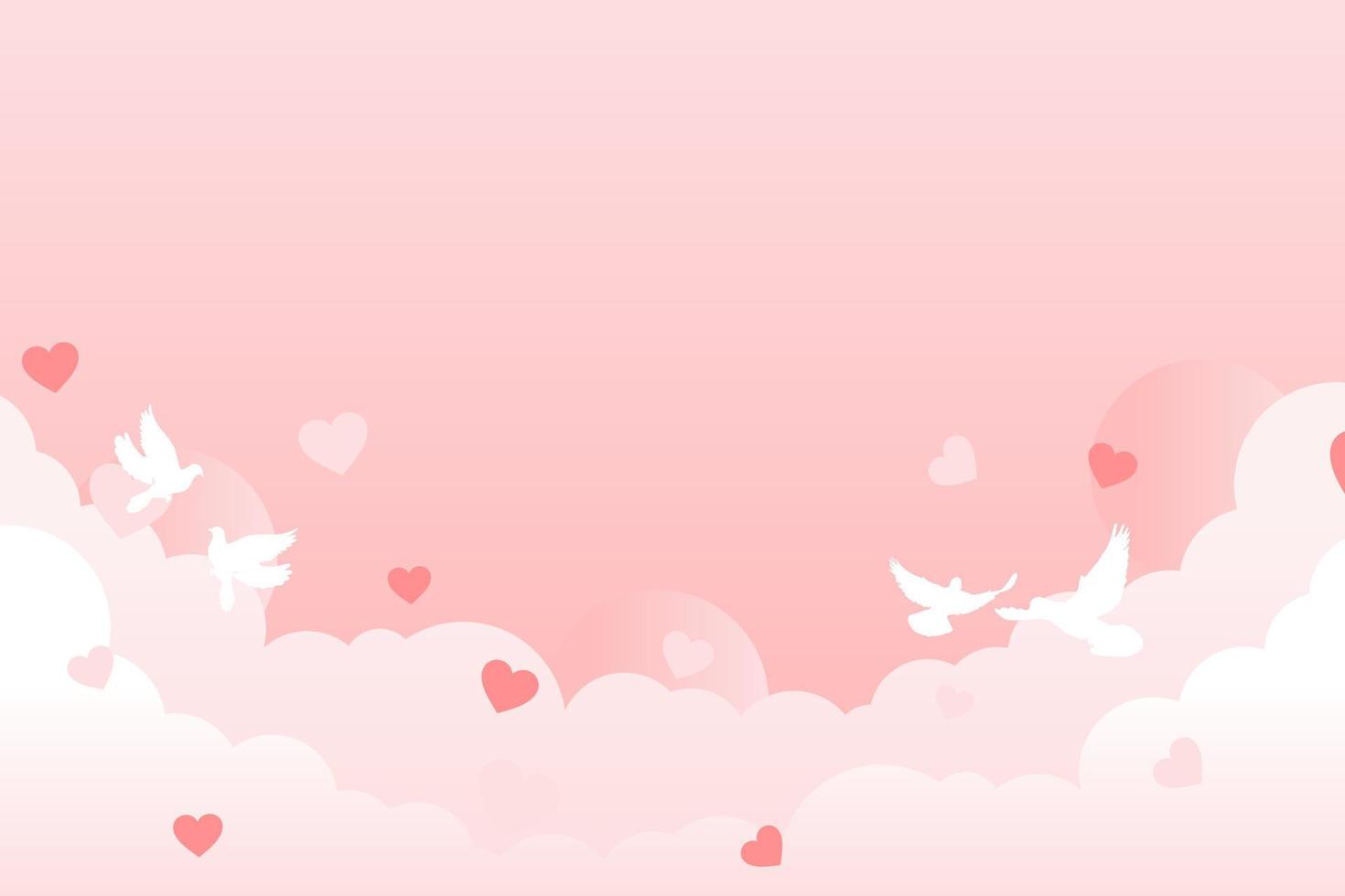Pink valentine background design with cloud, heart and pigeon. vector