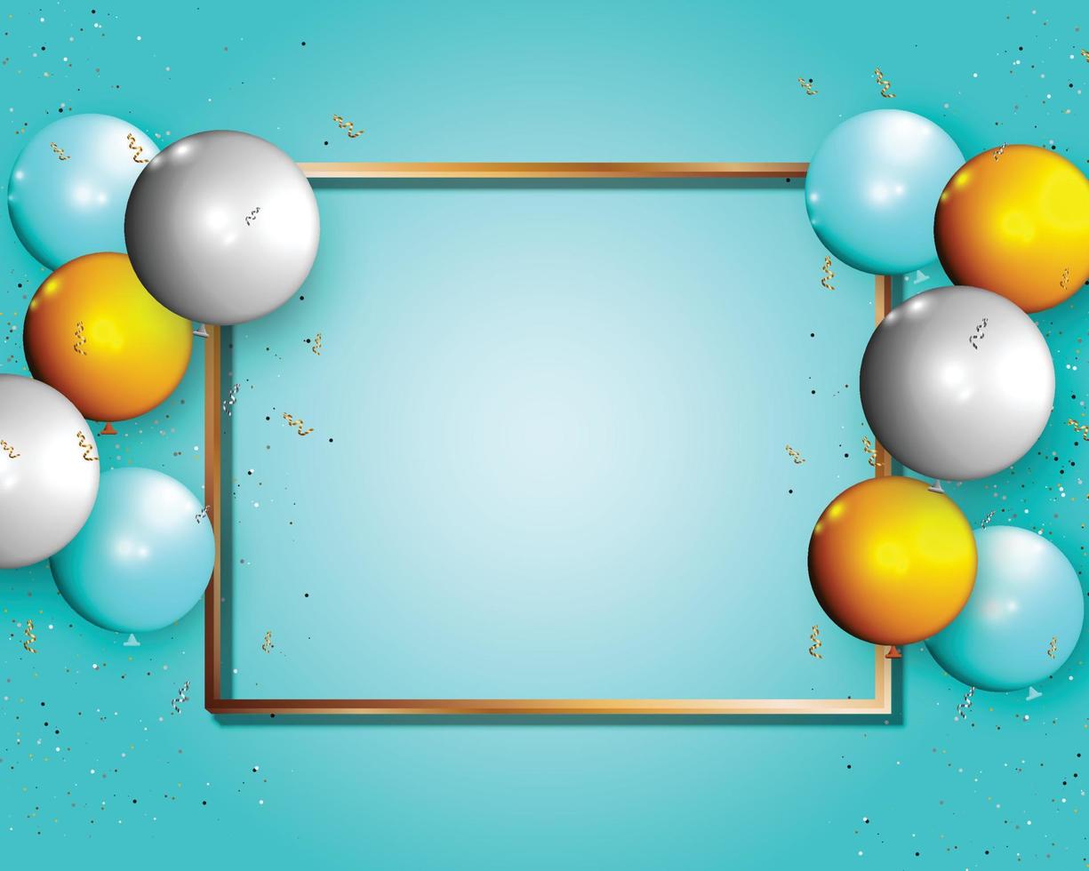 marco dorado con globo y confeti sobre fondo azul. fondo abstracto de la pancarta de felicitación. vector