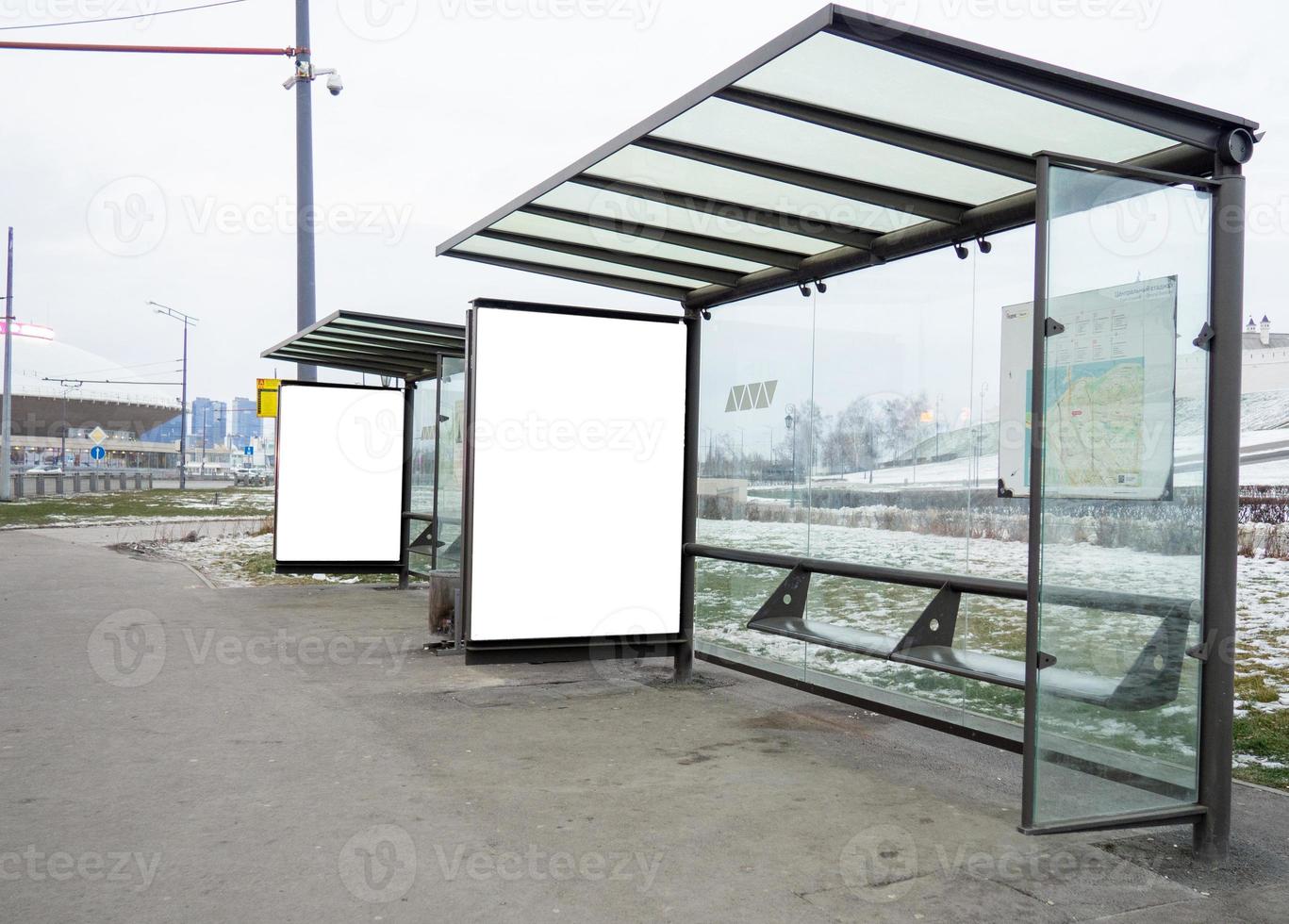 Two blank advertising billboards. Advertising space on a busy street. White empty space to fill photo