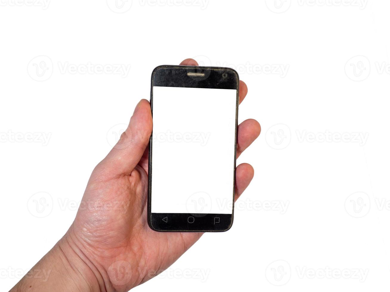 Mockup. Phone in the hand of a man. Blank white space on the phone screen. photo