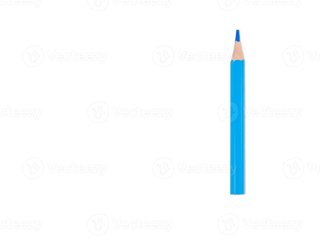 Colored pencil on a white background. Blue short pencil made of wood. photo