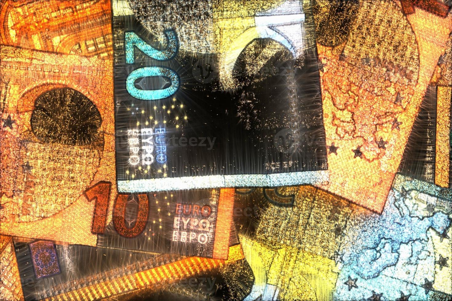 Illustration of glowing euro banknotes with a green kirlian aura around them. photo