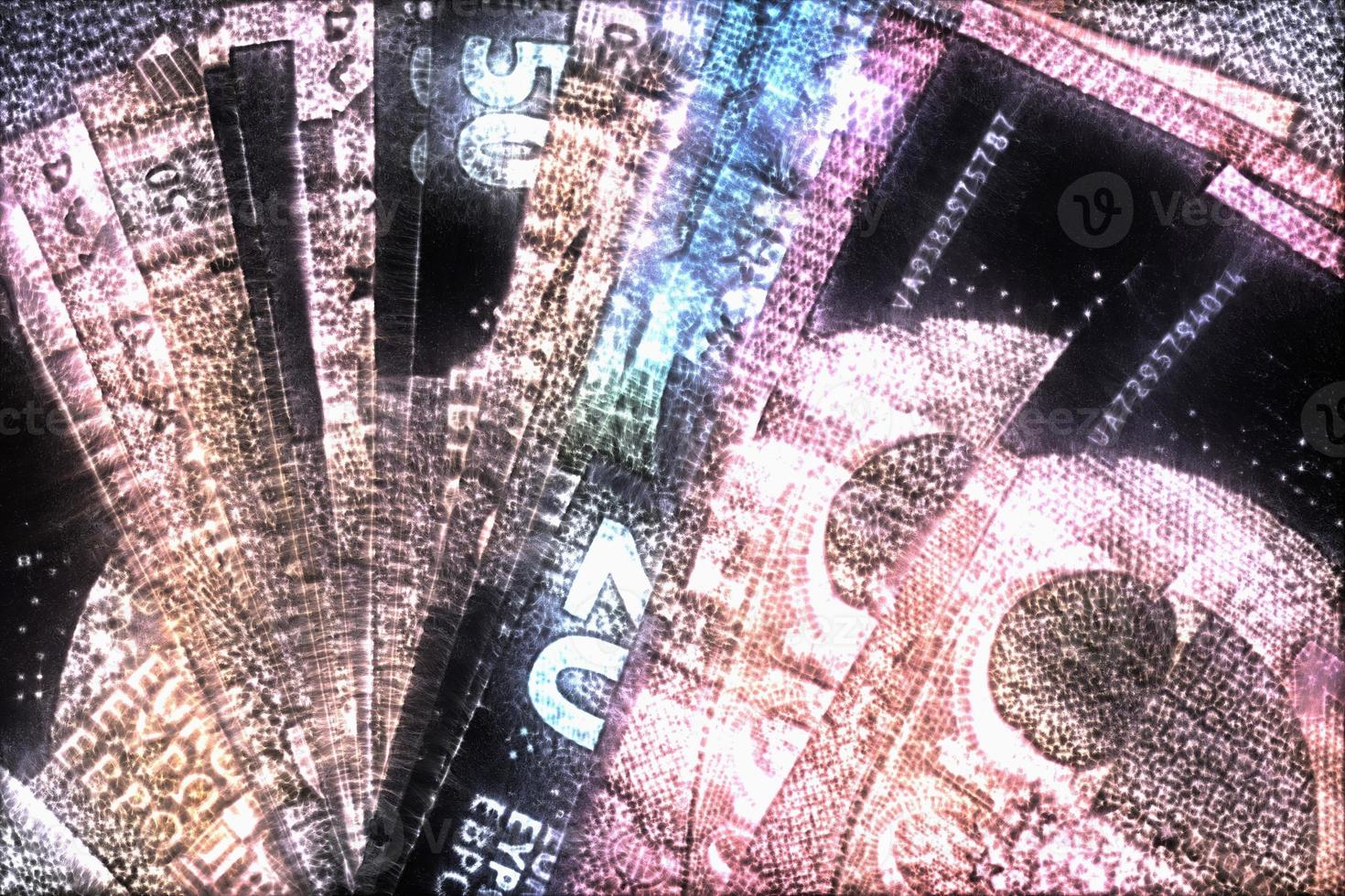 ilustración de billetes en euros brillantes con un aura kirliana verde a su alrededor. foto