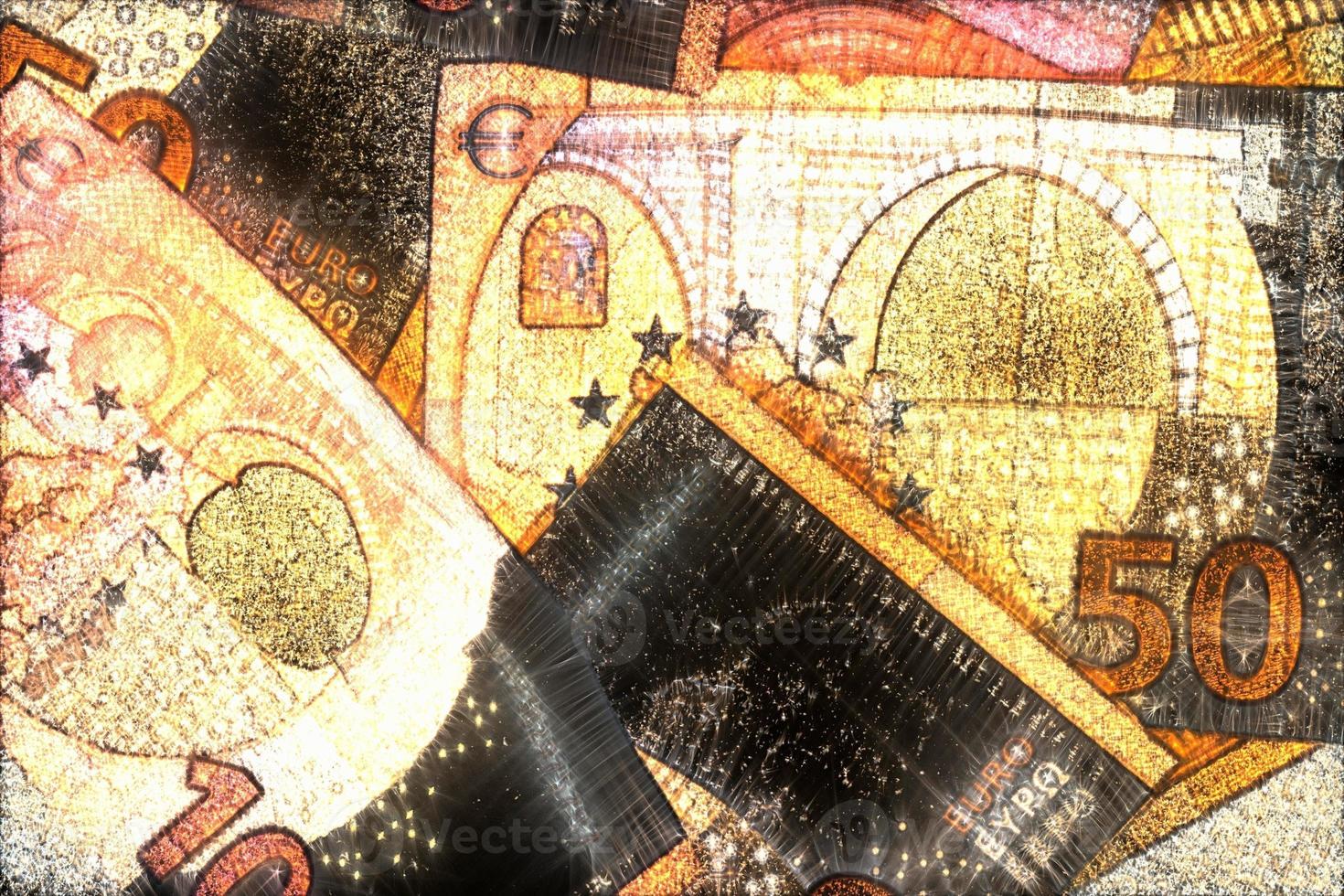 Illustration of glowing euro banknotes with a green kirlian aura around them. photo