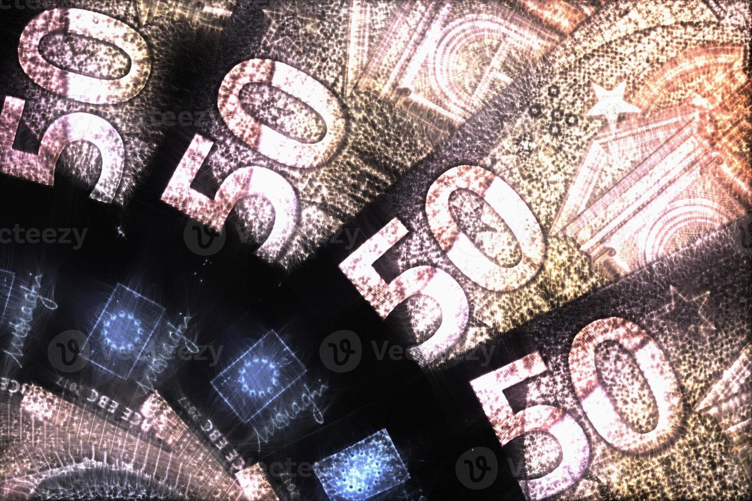 Illustration of glowing euro banknotes with a green kirlian aura around them. photo