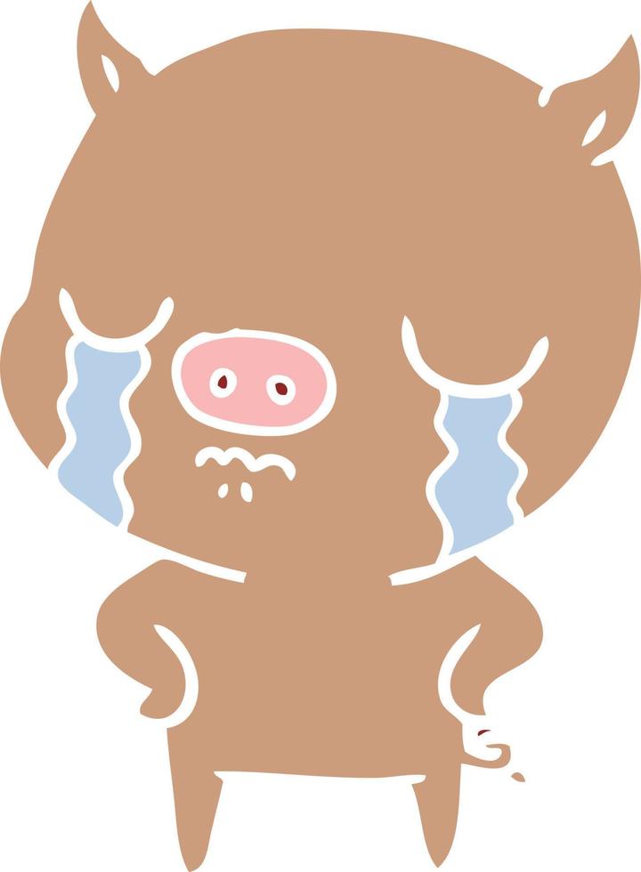 flat color style cartoon pig crying with hands on hips vector