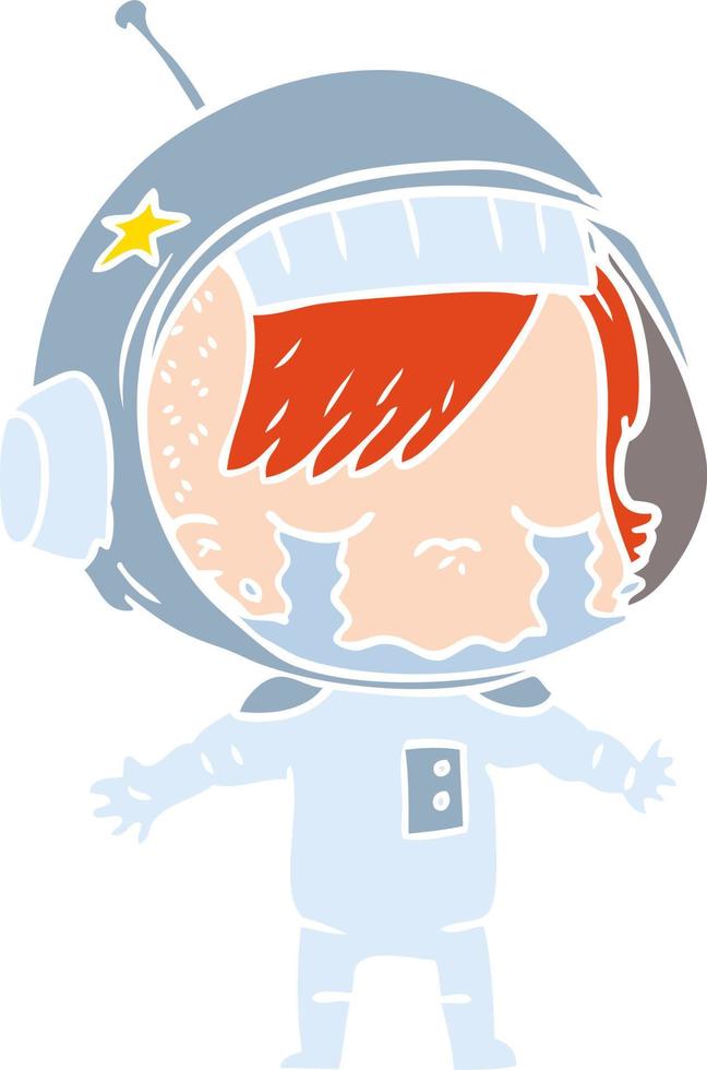 niña astronauta llorando de dibujos animados de estilo de color plano vector