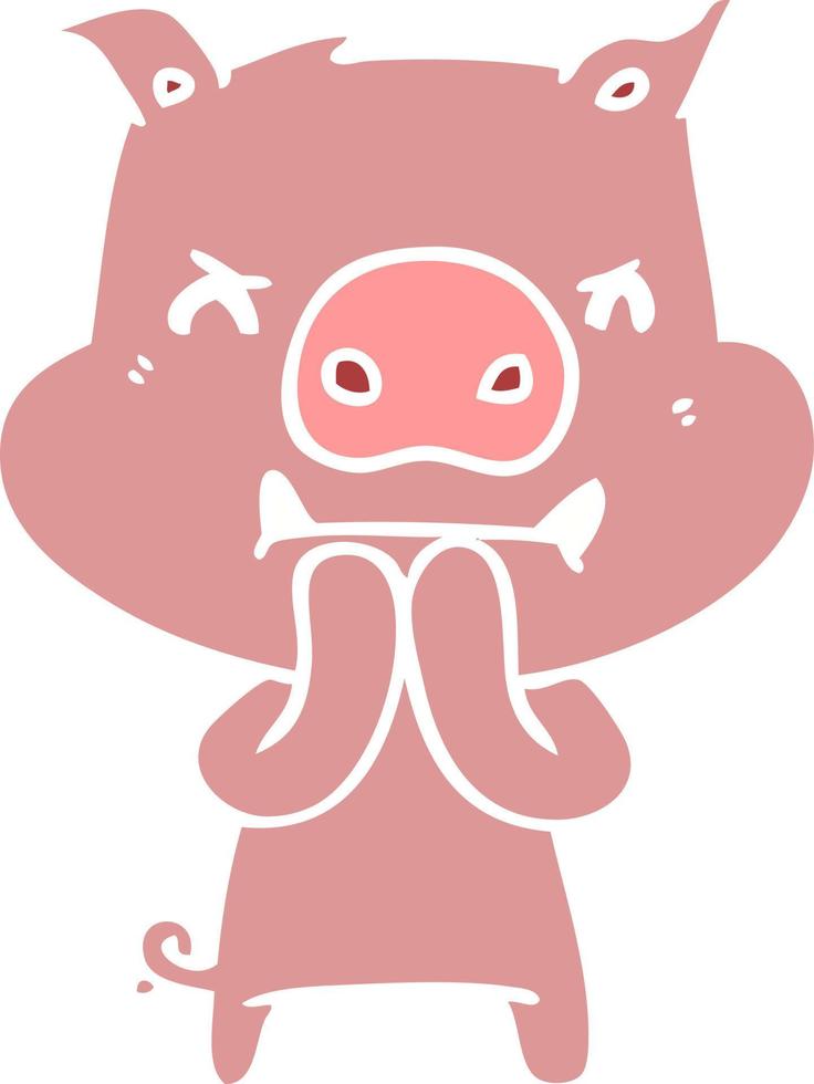 angry flat color style cartoon pig vector