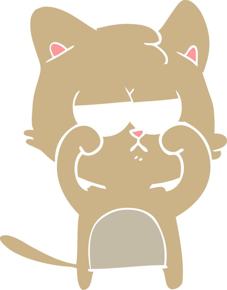 tired flat color style cartoon cat rubbing eyes vector