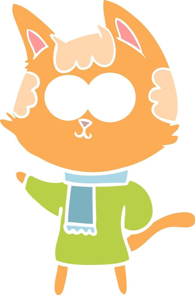 happy flat color style cartoon cat in winter clothes vector