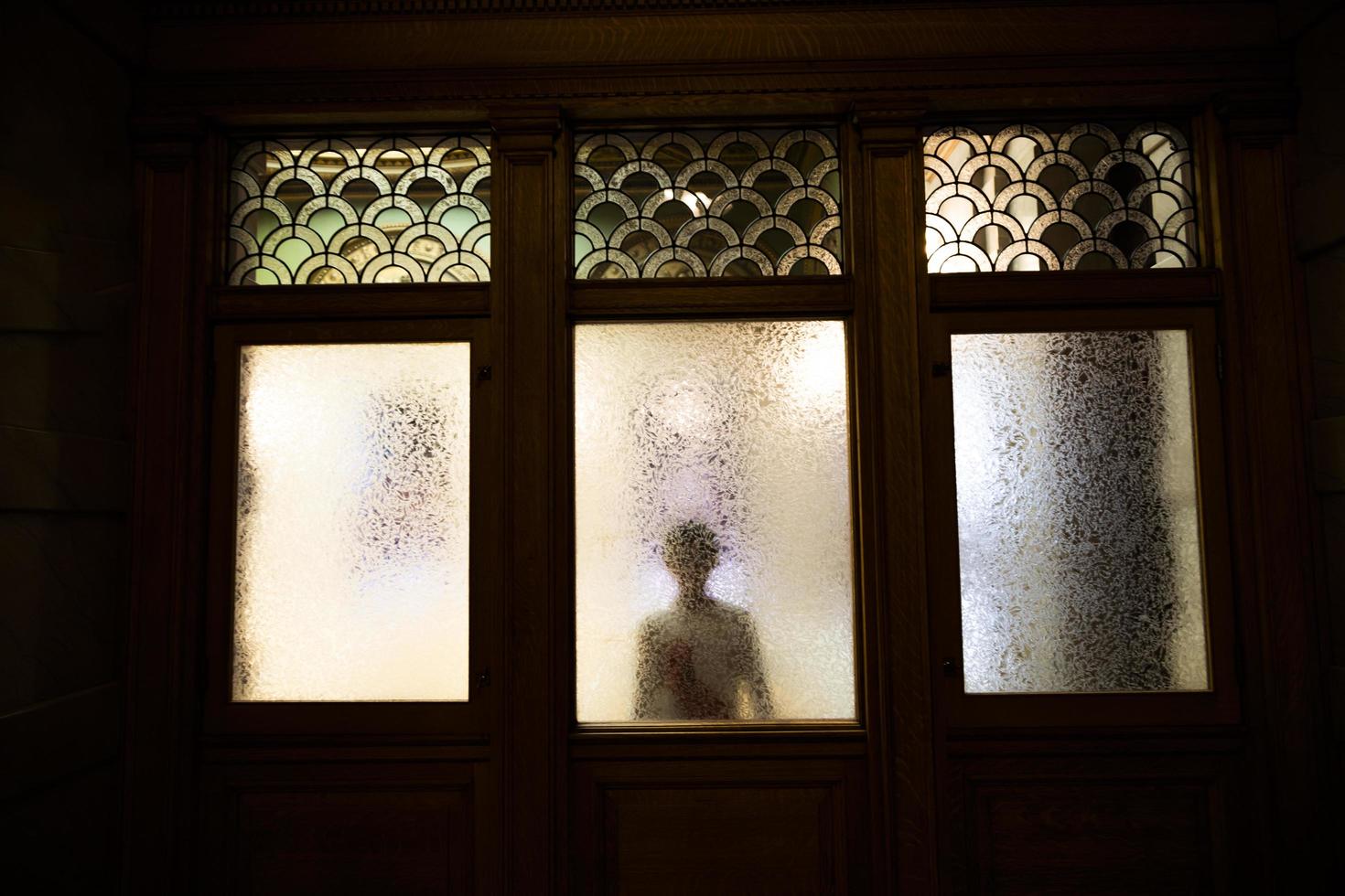 Silhouette of a person behind a window in a museum photo