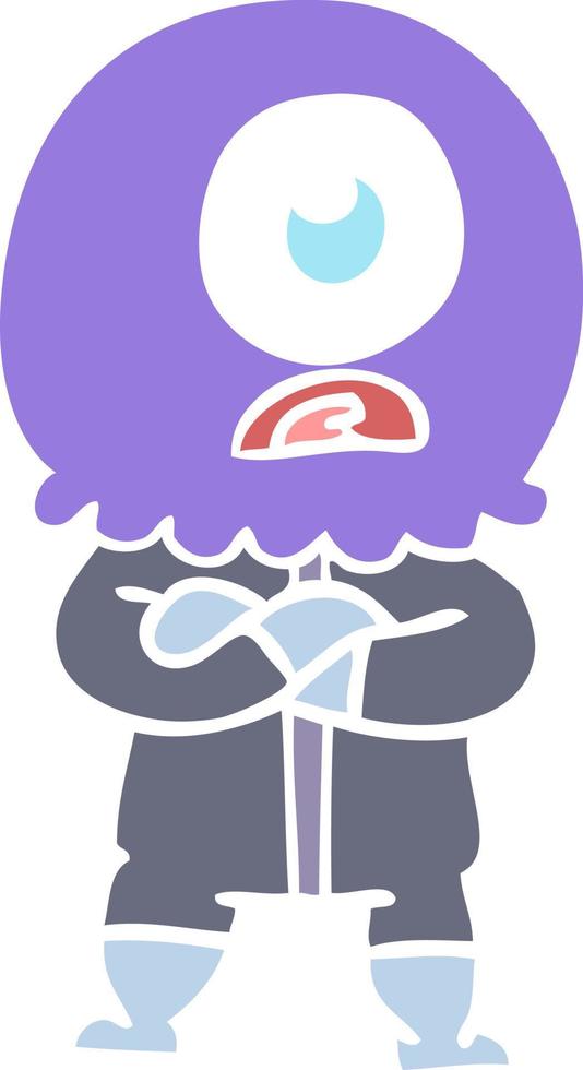 annoyed flat color style cartoon cyclops alien spaceman vector
