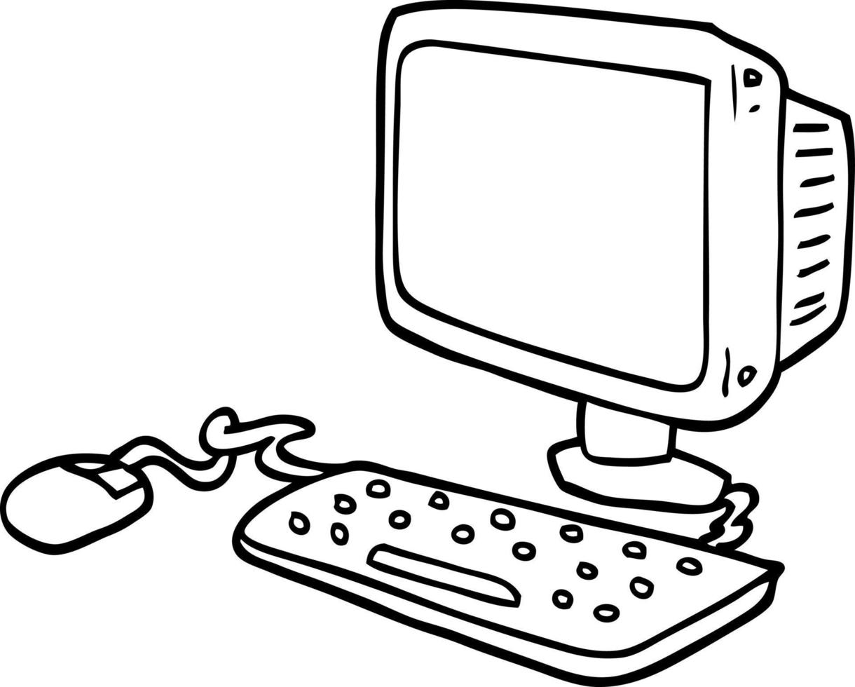 line drawing cartoon office computer vector