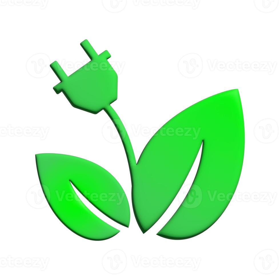 electricidad ecológica 3d. diseño de concepto de logotipo eléctrico de enchufe de hoja verde foto