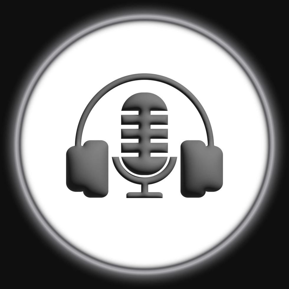 3D Microphone and headphone icon. Podcast or radio logo design grey button photo