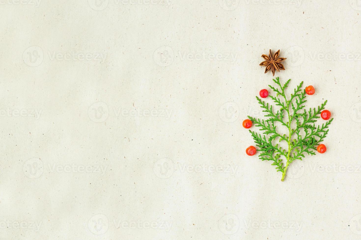 Christmas tree made of thuja branches and decorations star of anise and ashberry on rustic background. photo