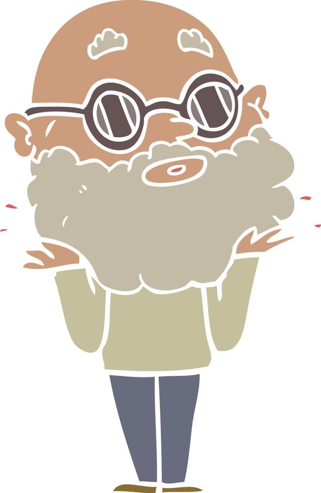 flat color style cartoon curious man with beard and sunglasses vector