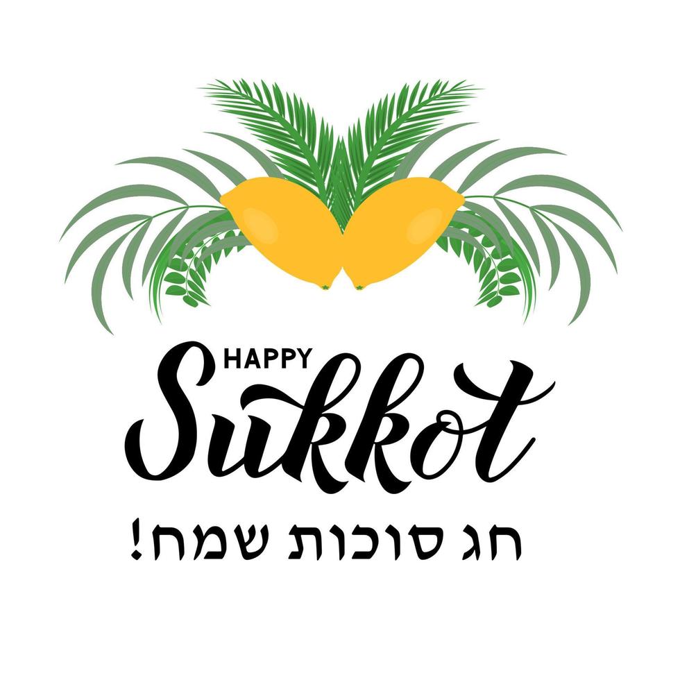 Happy Sukkot calligraphy lettering with  four species. Etrog, lulav, Arava, Hadas leaves. Jewish traditional holiday celebration poster. Vector template