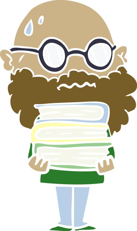 hombre preocupado de dibujos animados de estilo de color plano con barba y pila de libros vector