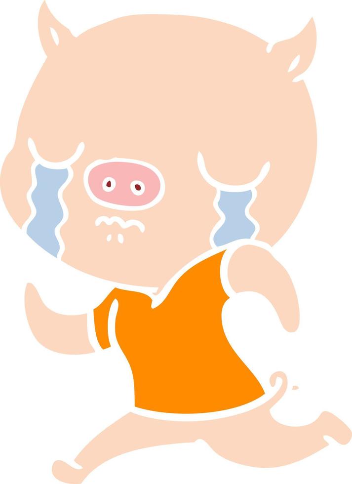 flat color style cartoon pig crying running away vector