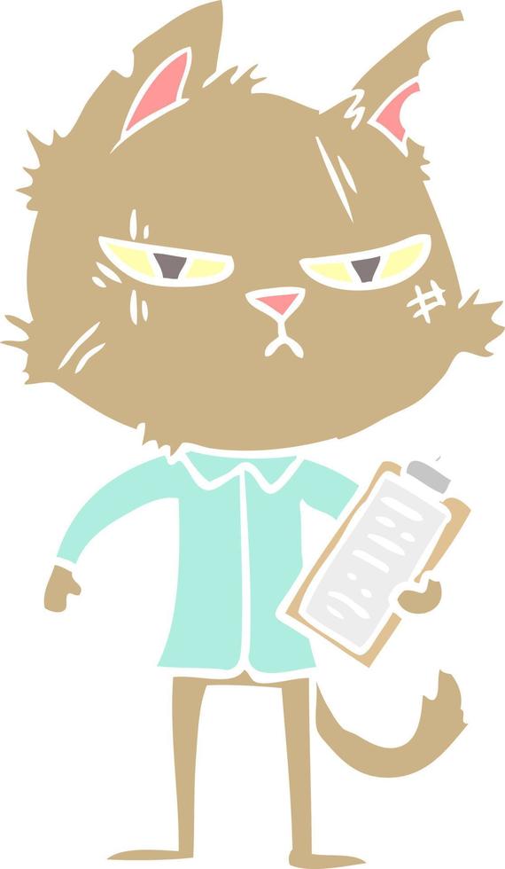 tough flat color style cartoon cat with clipboard vector