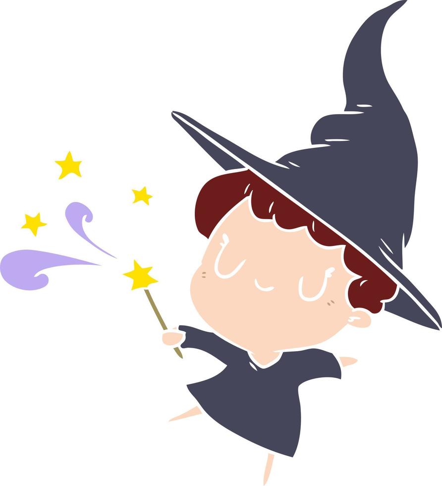 cute flat color style cartoon witch casting spell vector