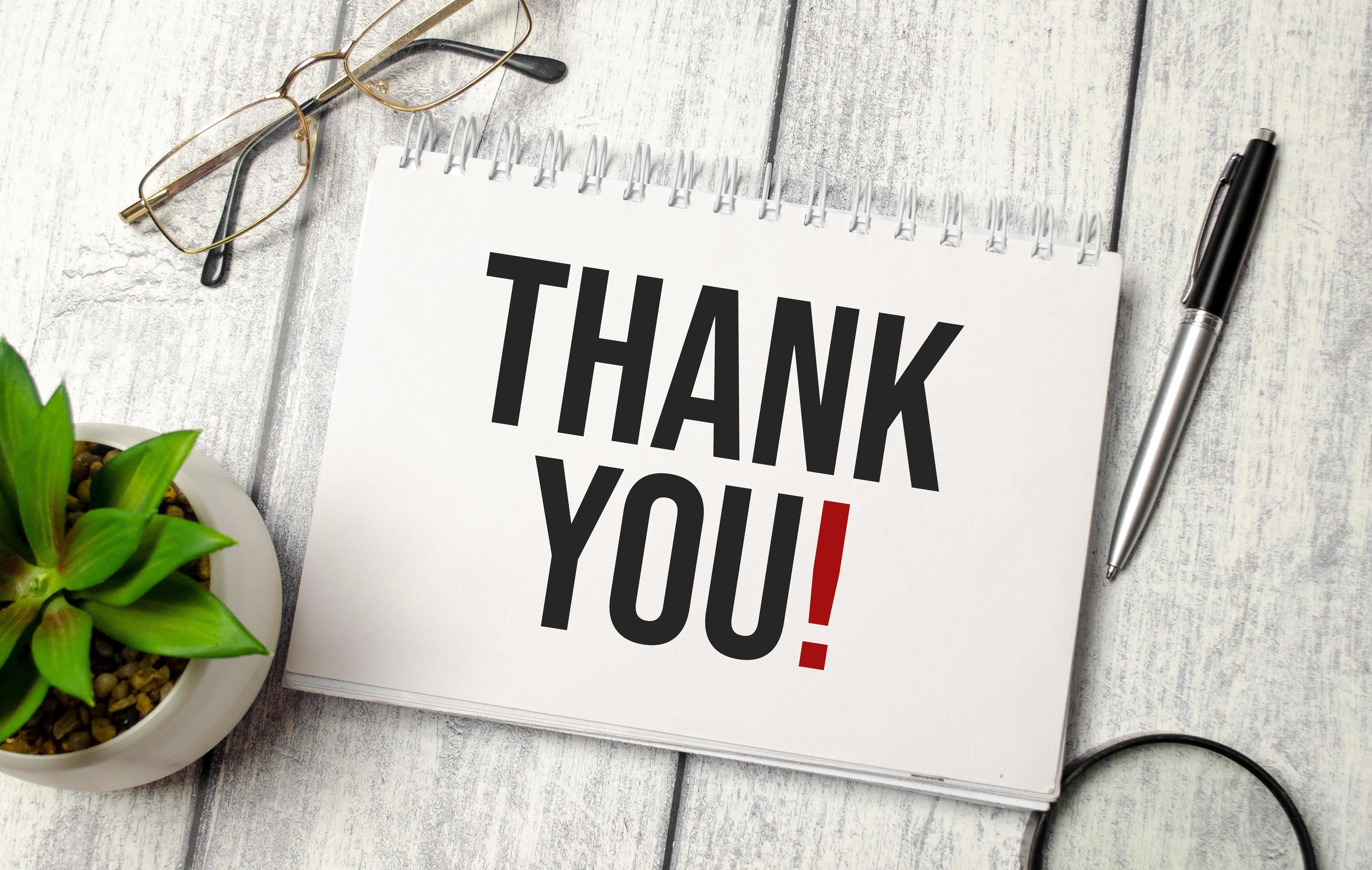 Thank you words on notepad and office supplies 12199389 Stock Photo at