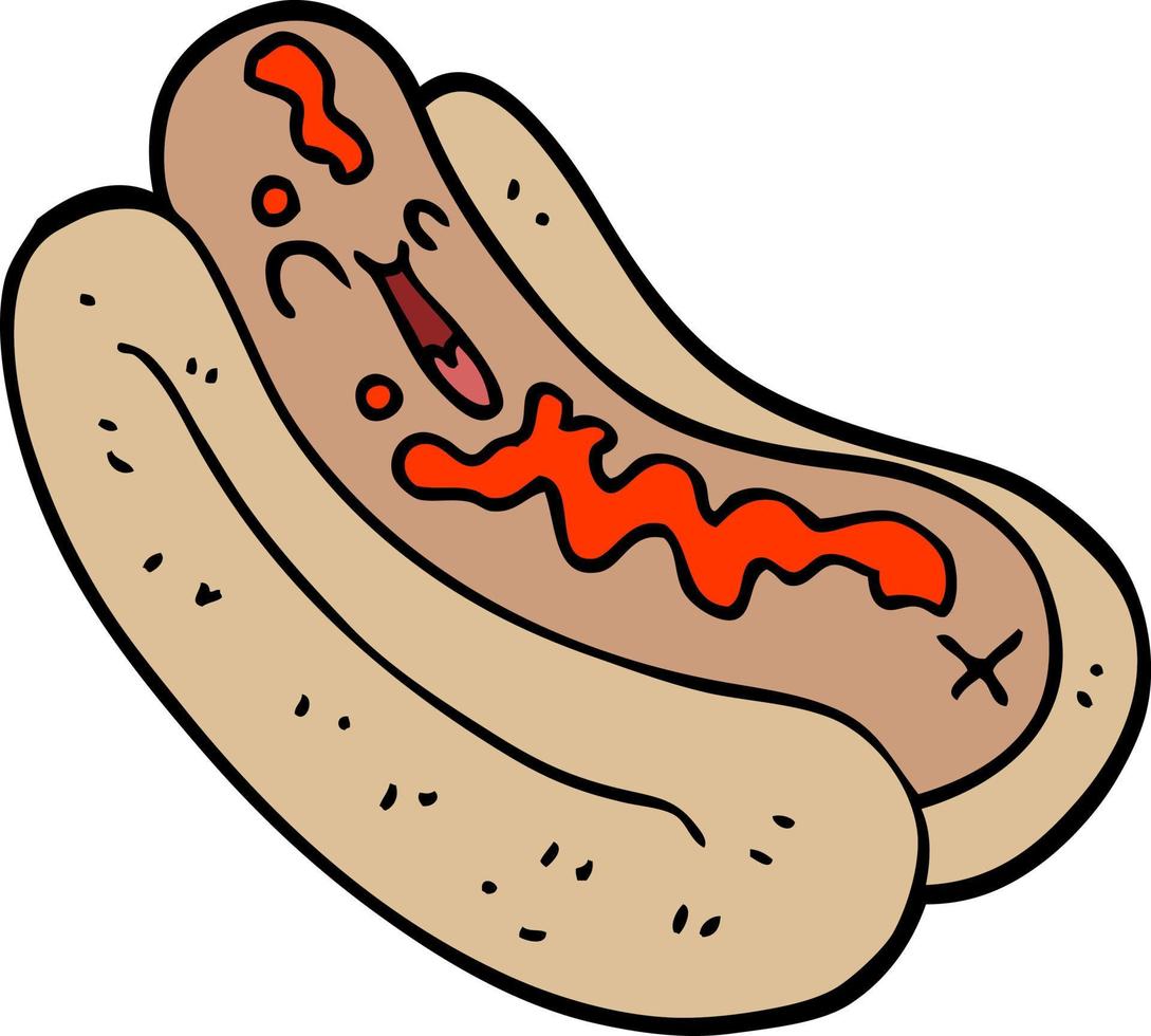 cartoon doodle hotdog in bun with ketchup vector