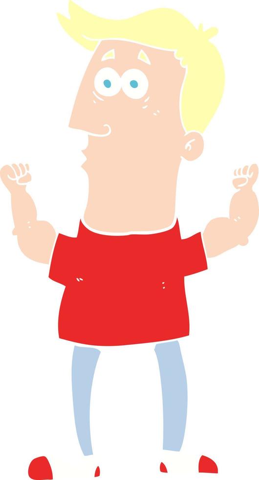 flat color illustration of a cartoon surprised man flexing biceps vector