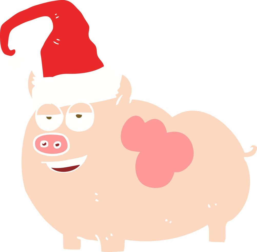 ilustración de color plano de un cerdo de navidad de dibujos animados vector