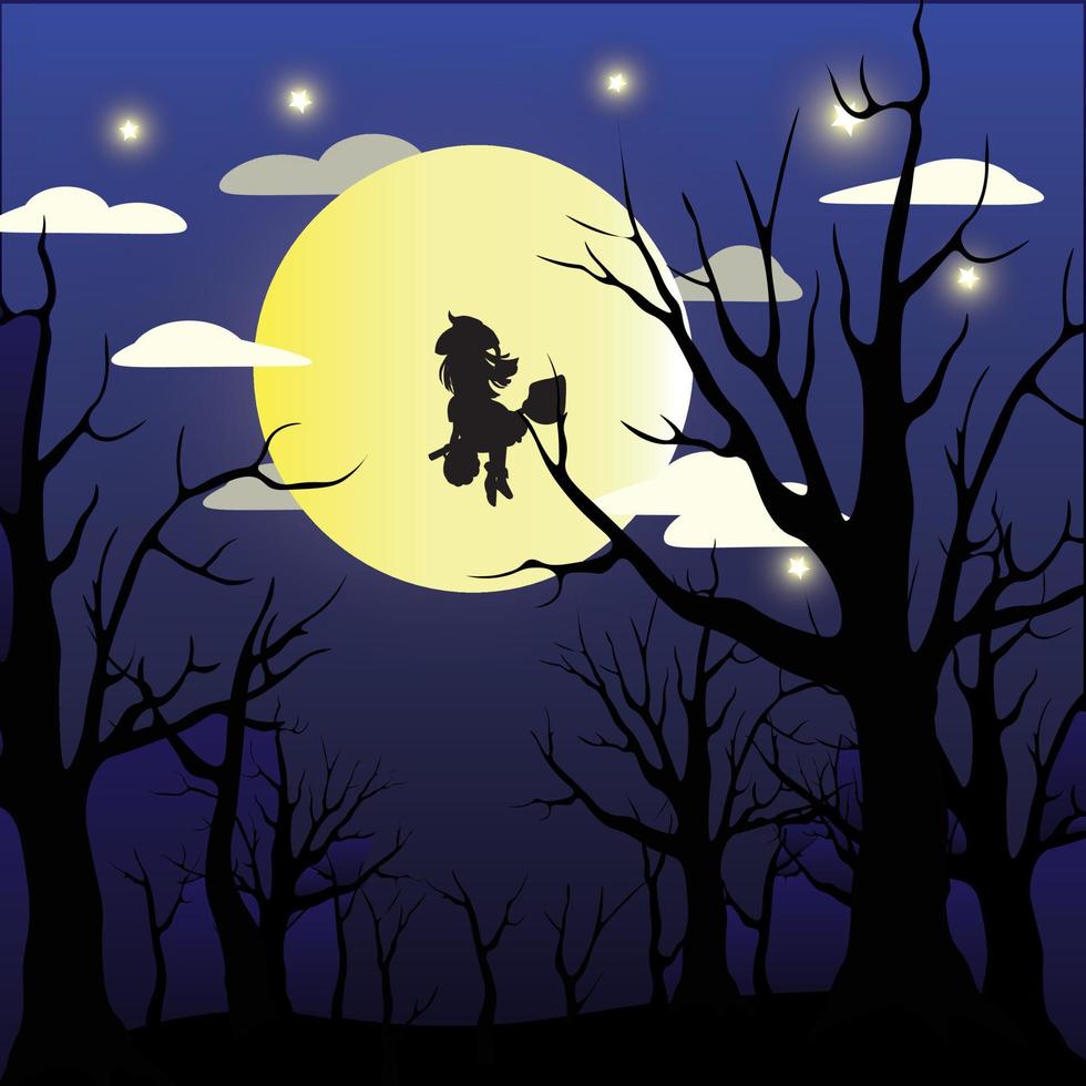 A little witch is flying on a broom against the background of the night with the moon, tree, and stars. Cute vector witch is flying. Vector illustration flat design Halloween.