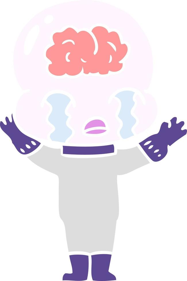 flat color style cartoon big brain alien crying vector