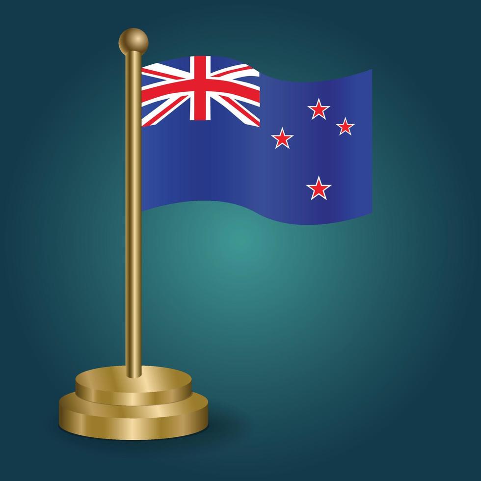 New Zealand national flag on golden pole on gradation isolated dark background. table flag, vector illustration