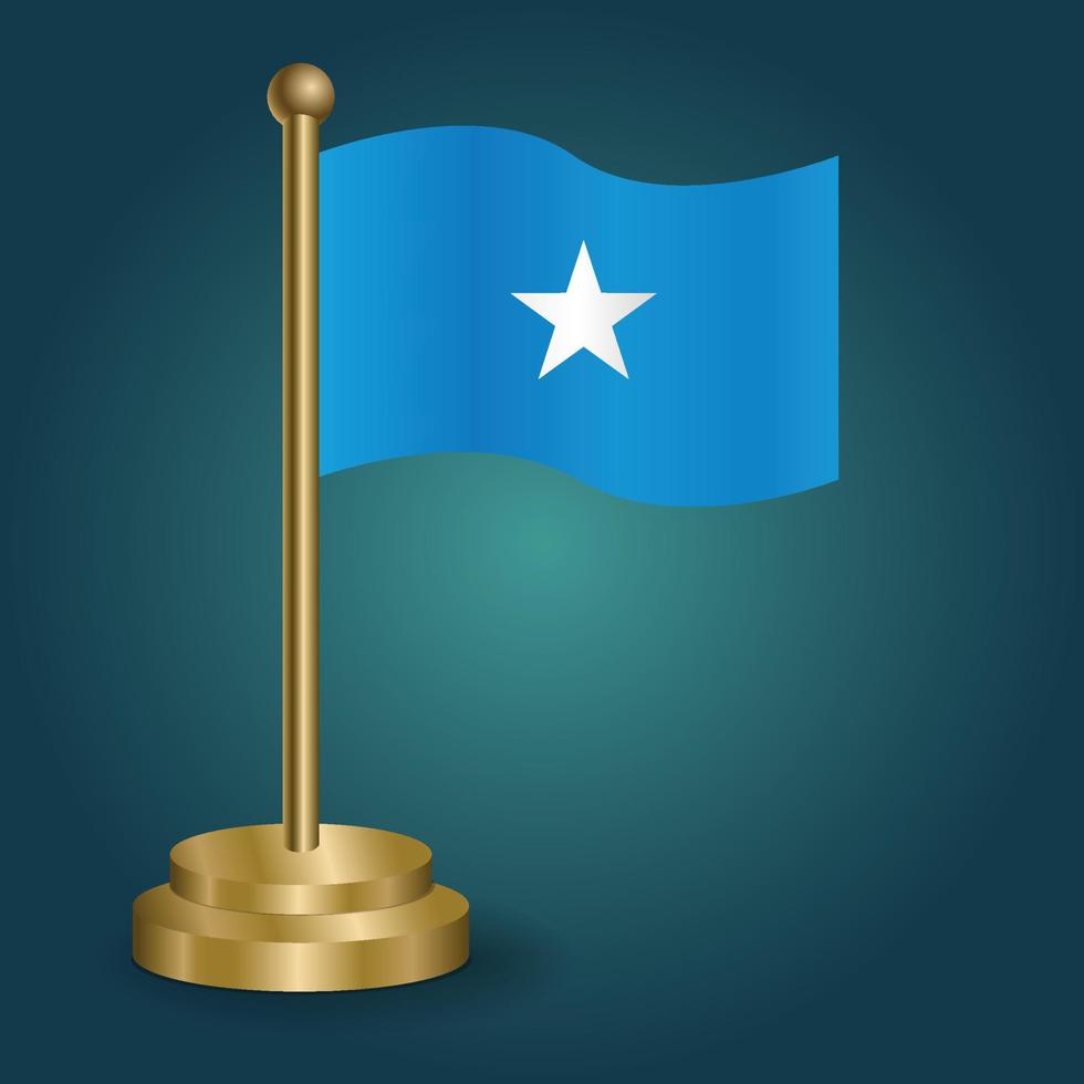 Somalia national flag on golden pole on gradation isolated dark background. table flag, vector illustration