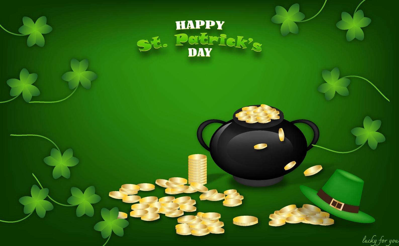 Happy St. Patrick's Day with cauldron , coins ,clovers and hat to event of vector illustration.