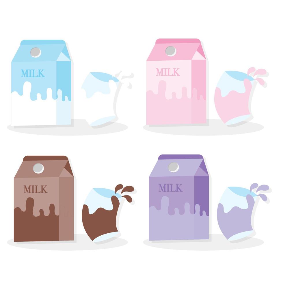 four boxes of fresh milk and four glasses of chocolate, vanilla, strawberry and blueberry flavored milk vector