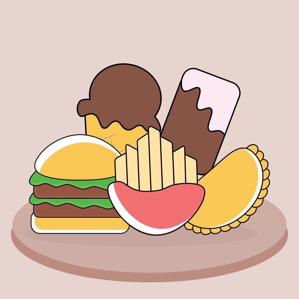 burger, empanadas, fries and two chocolate ice cream vector