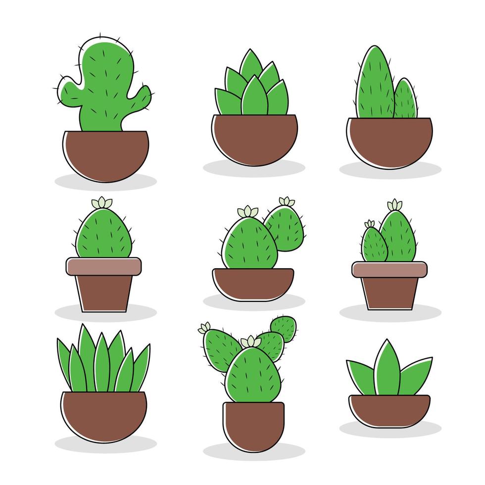 conjunto de plantas de cactus con maceta marrón aislada con un fondo blanco vector