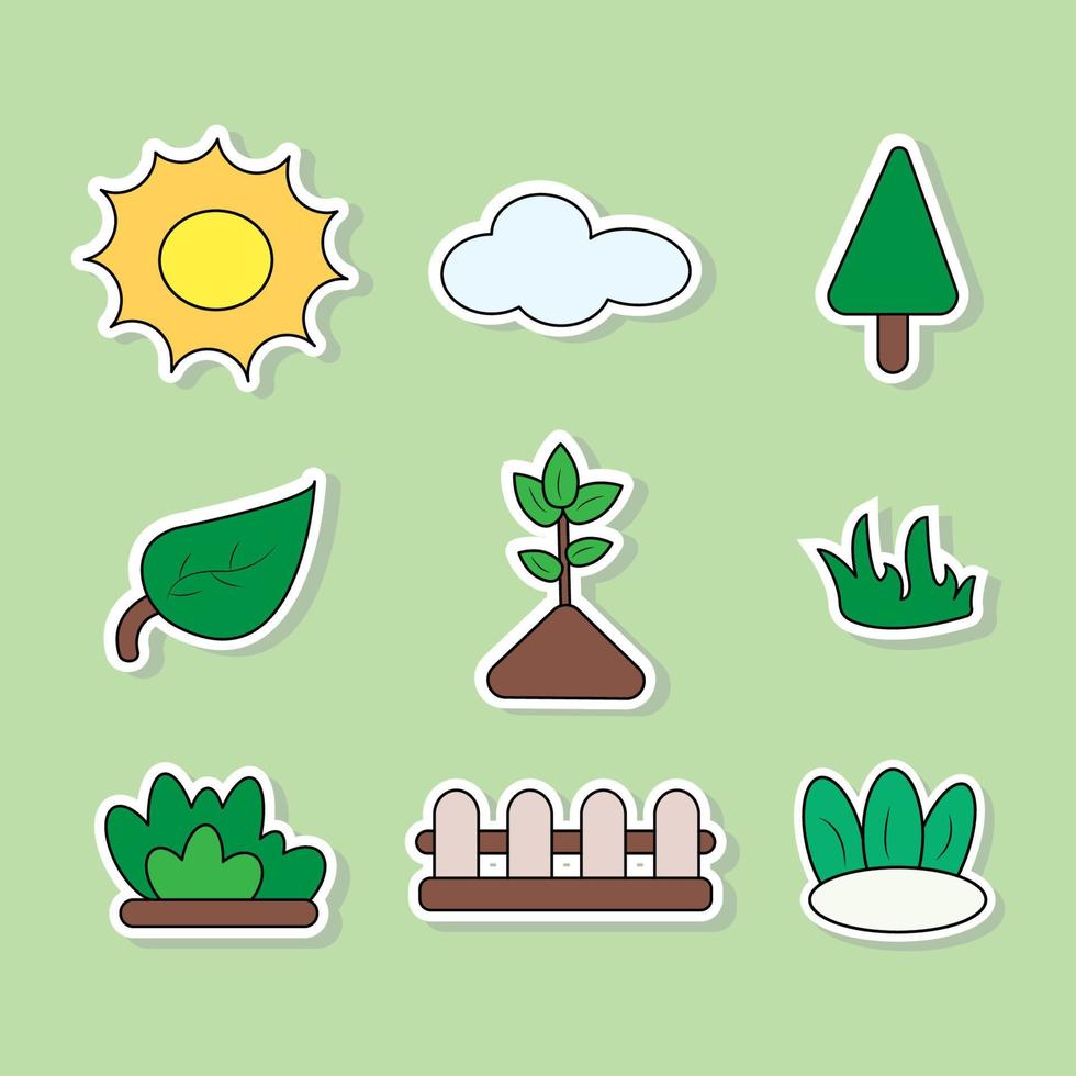 conjunto de vida natural como sol, árboles, plantas, etc. vector