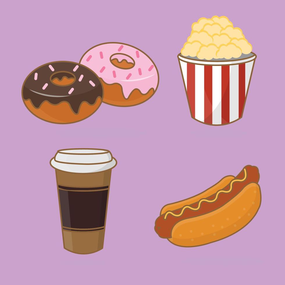 four types of fast food such as popcorn hot dogs donuts coffee cups vector