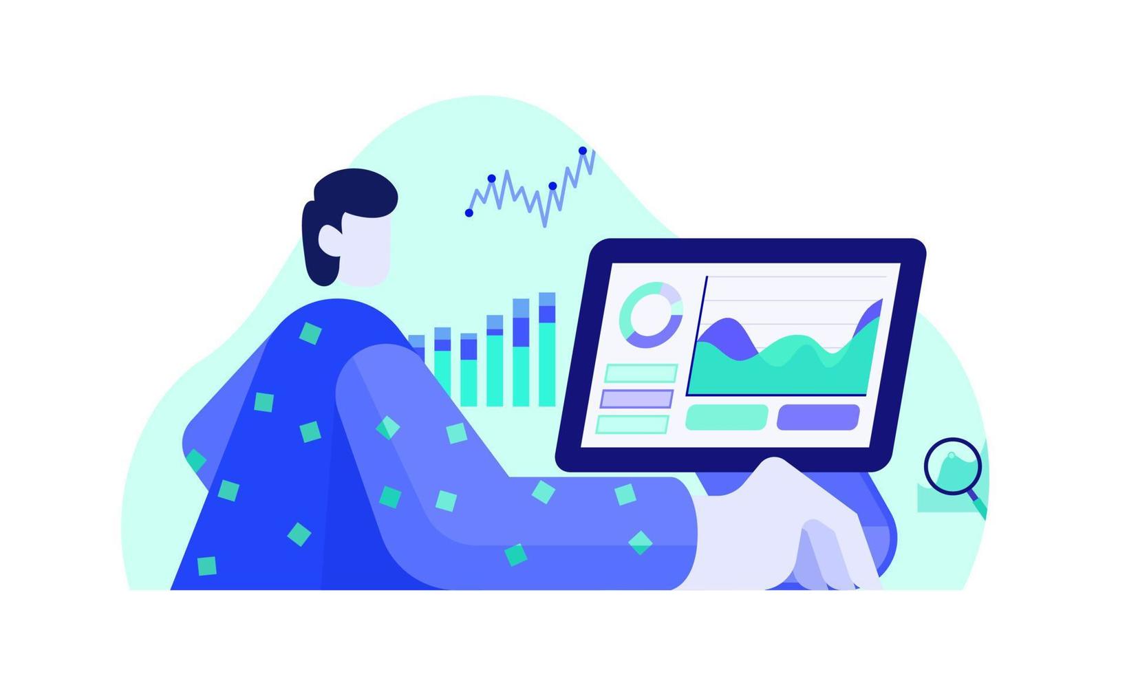 analista de datos o científico que trabaja con el diagrama de estadísticas de gráficos de datos en el diseño de ilustración púrpura y verde de vector plano de oficina de computadora