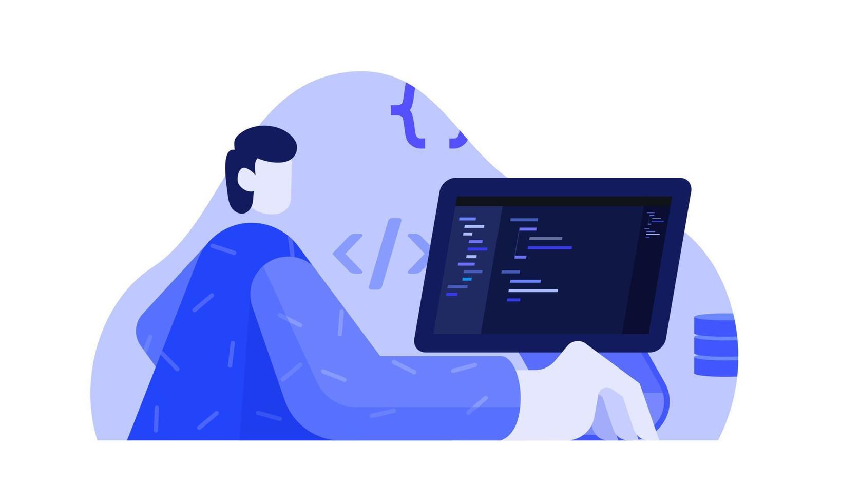 programador desarrollador de software codificación en concepto de diseño de ilustración de vector plano de oficina de computadora