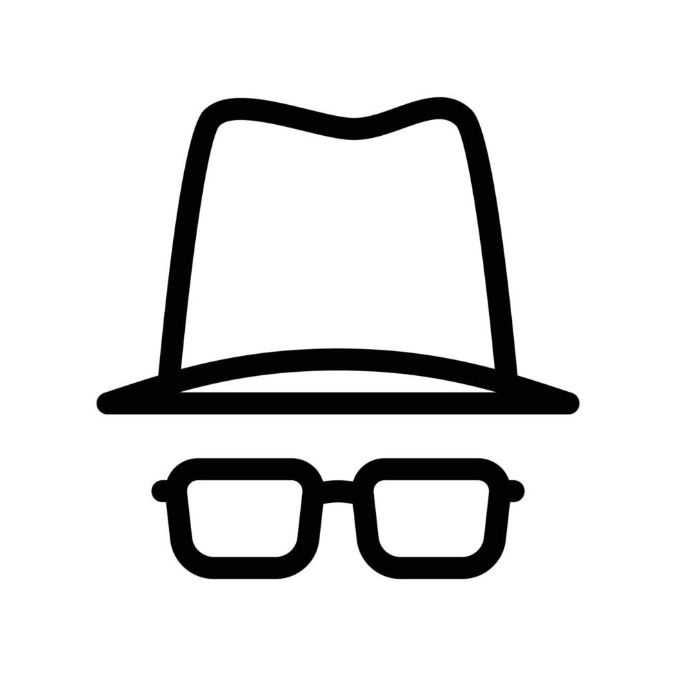 Private incognito icon with glasses and hat in black outline style vector