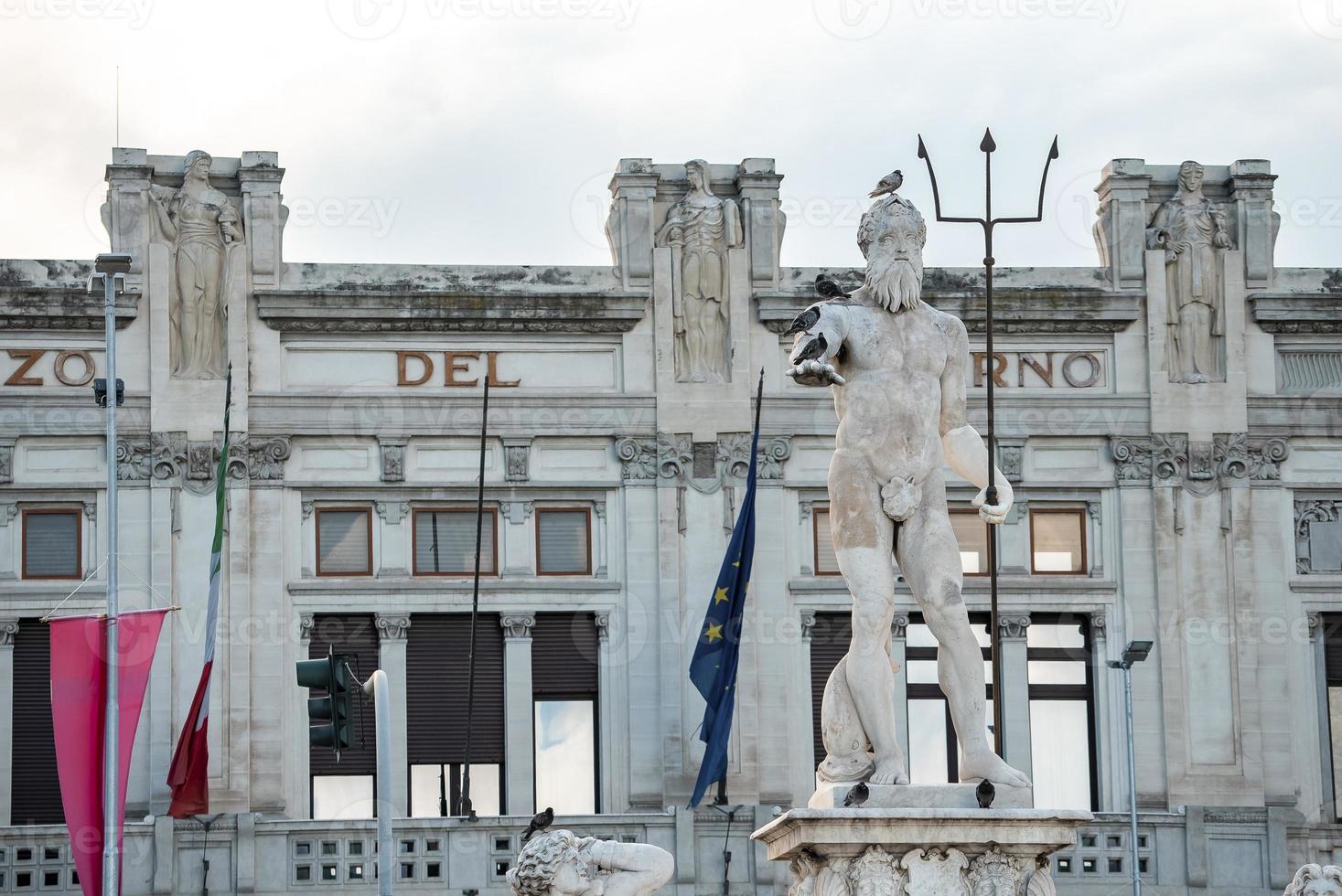 Birds perching on Neptune Statue fountain with historic building in background photo