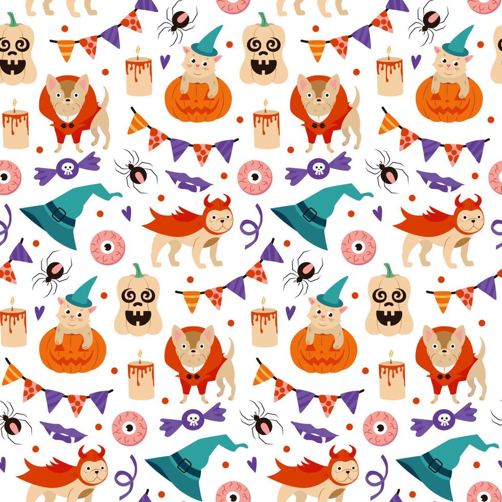 lindo cachorro de bulldog francés en traje de halloween patrón sin costuras eps10 ilustración de vectores. patrones sin fisuras de halloween de gatos y perros vector