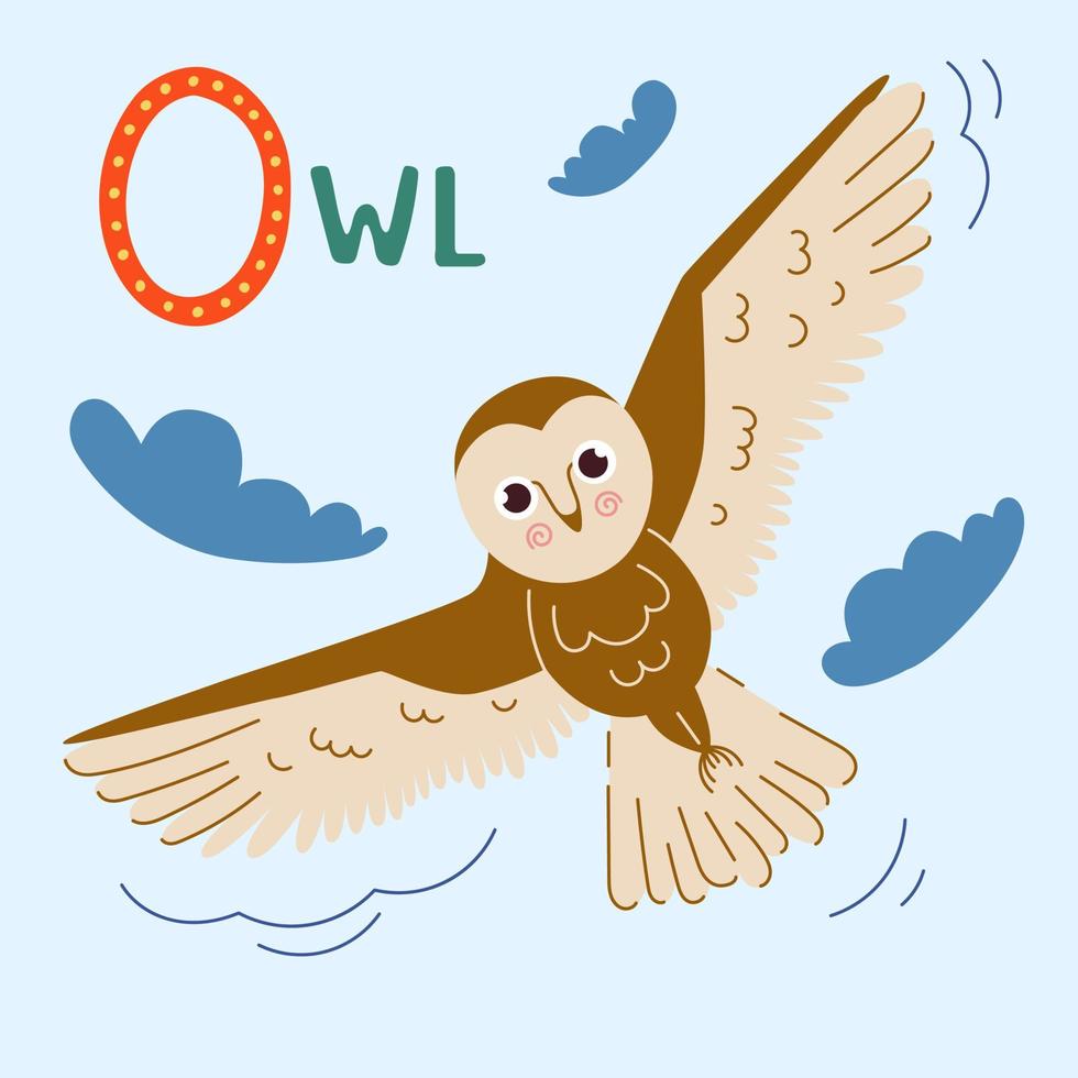 Owl cute vector illustration. Forest bird cartoon character isolated on blue sky with clouds