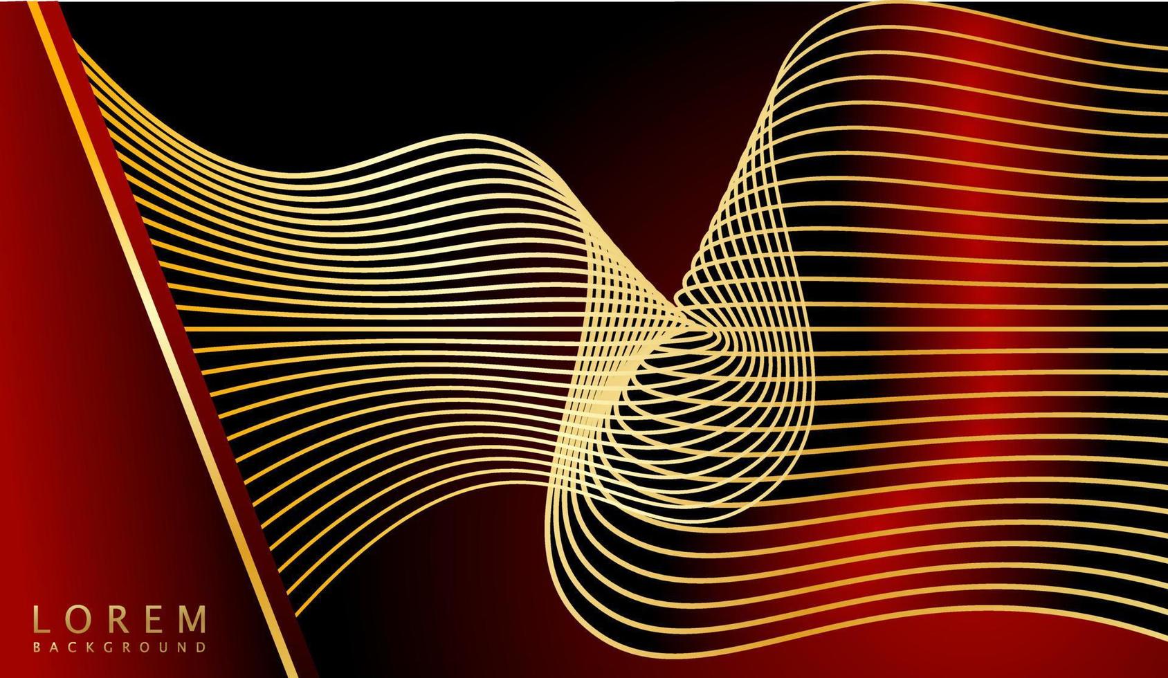 Abstract luxury golden lines curved overlapping on dark red background. vector