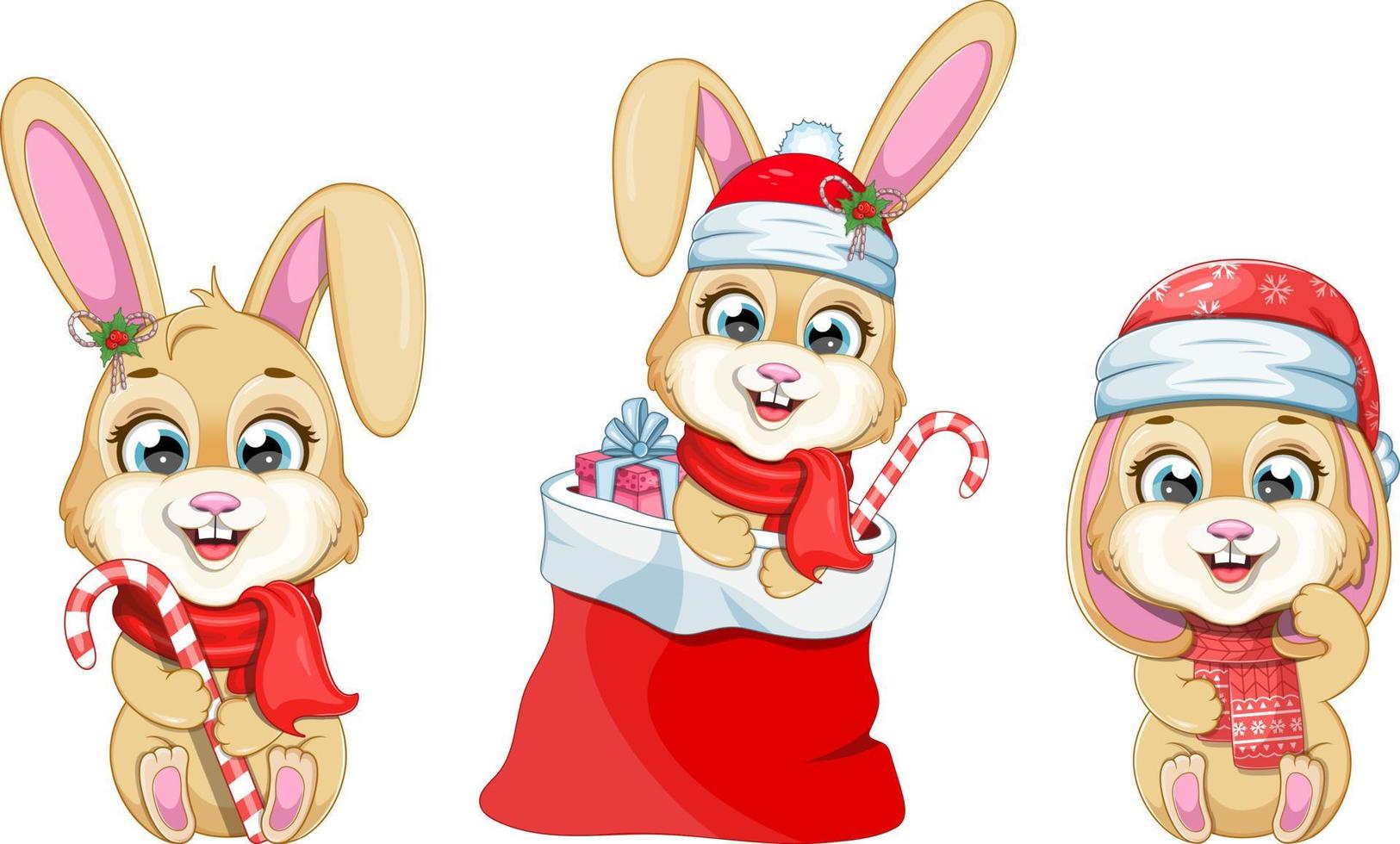 Three cartoon bunnies. Christmas and New Year Collection vector